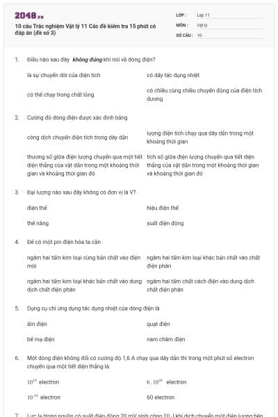 10 câu Trắc nghiệm Vật lý 11 Các đề kiểm tra 15 phút có đáp án (đề số 3)