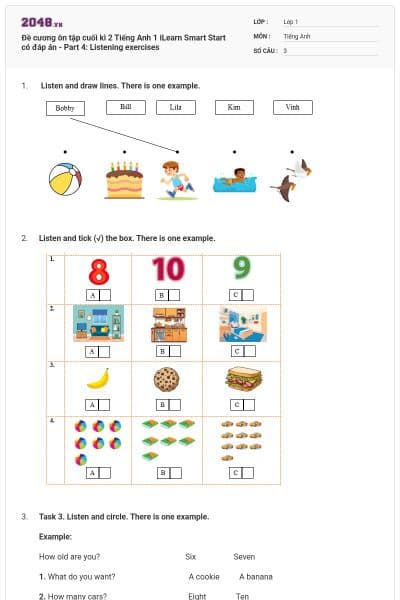 Đề cương ôn tập cuối kì 2 Tiếng Anh 1 iLearn Smart Start có đáp án - Part 4: Listening exercises