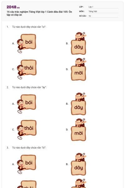 16 câu trắc nghiệm Tiếng Việt lớp 1 Cánh diều Bài 105: Ôn tập có đáp án