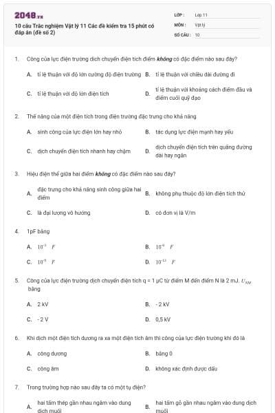 10 câu Trắc nghiệm Vật lý 11 Các đề kiểm tra 15 phút có đáp án (đề số 2)