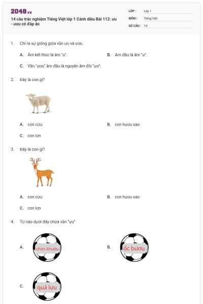 14 câu trắc nghiệm Tiếng Việt lớp 1 Cánh diều Bài 112: ưu - ươu có đáp án