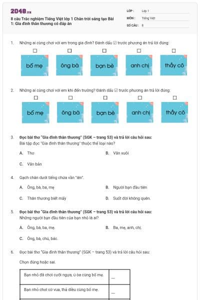 8 câu Trắc nghiệm Tiếng Việt lớp 1 Chân trời sáng tạo Bài 1: Gia đình thân thương có đáp án