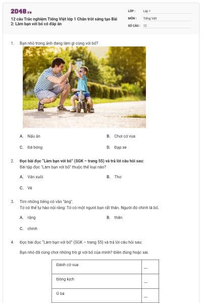 12 câu Trắc nghiệm Tiếng Việt lớp 1 Chân trời sáng tạo Bài 2: Làm bạn với bố có đáp án