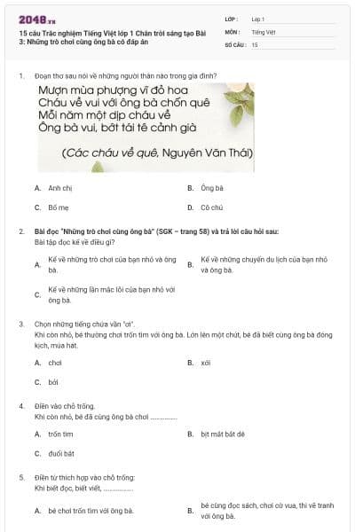 15 câu Trắc nghiệm Tiếng Việt lớp 1 Chân trời sáng tạo Bài 3: Những trò chơi cùng ông bà có đáp án