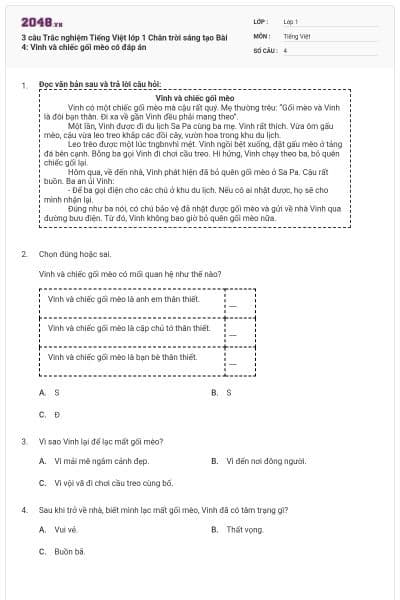 3 câu Trắc nghiệm Tiếng Việt lớp 1 Chân trời sáng tạo Bài 4: Vinh và chiếc gối mèo có đáp án