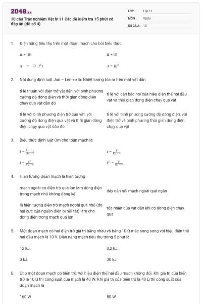 10 câu Trắc nghiệm Vật lý 11 Các đề kiểm tra 15 phút có đáp án (đề số 4)