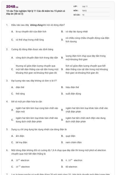 10 câu Trắc nghiệm Vật lý 11 Các đề kiểm tra 15 phút có đáp án (đề số 3)