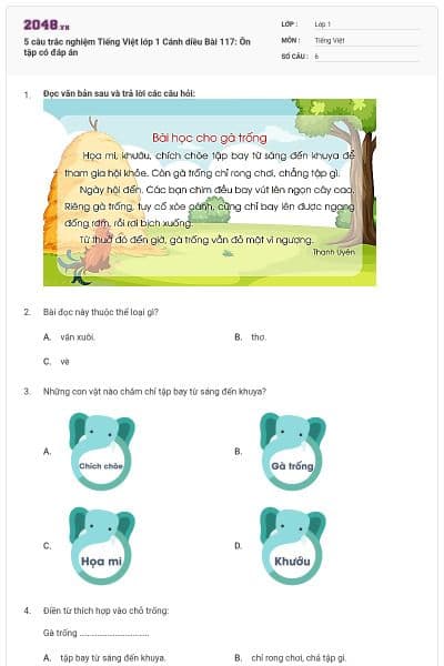 5 câu trắc nghiệm Tiếng Việt lớp 1 Cánh diều Bài 117: Ôn tập có đáp án