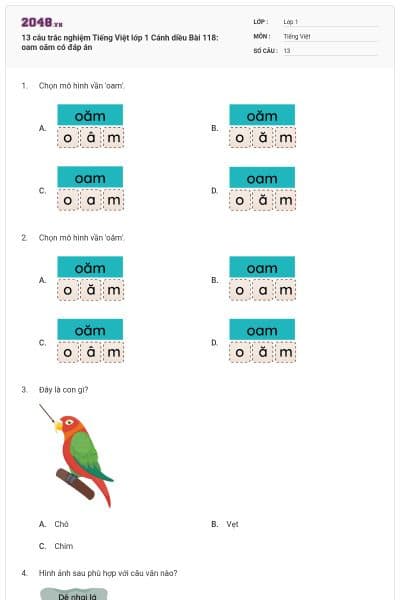 13 câu trắc nghiệm Tiếng Việt lớp 1 Cánh diều Bài 118: oam oăm có đáp án