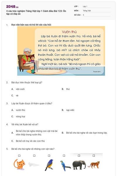 4 câu trắc nghiệm Tiếng Việt lớp 1 Cánh diều Bài 123: Ôn tập có đáp án