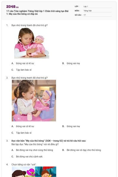 17 câu Trắc nghiệm Tiếng Việt lớp 1 Chân trời sáng tạo Bài 1: Mẹ của thỏ bông có đáp án