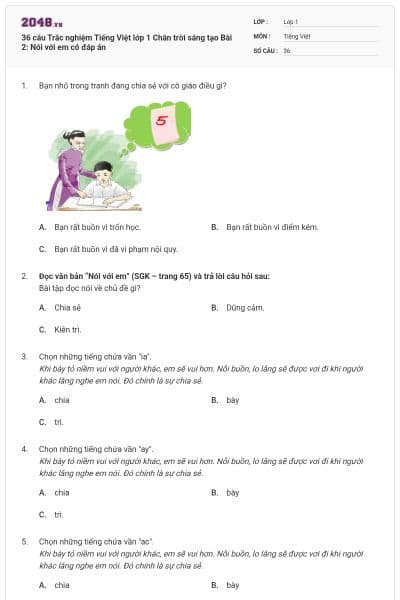 36 câu Trắc nghiệm Tiếng Việt lớp 1 Chân trời sáng tạo Bài 2: Nói với em có đáp án