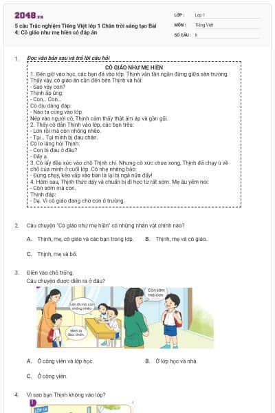5 câu Trắc nghiệm Tiếng Việt lớp 1 Chân trời sáng tạo Bài 4: Cô giáo như mẹ hiền có đáp án