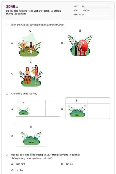 20 câu Trắc nghiệm Tiếng Việt lớp 1 Bài 5: Bác trống trường (có đáp án)