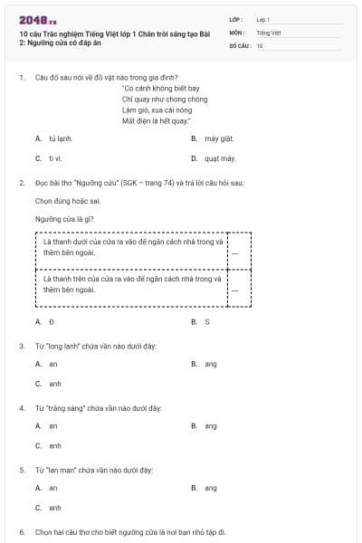 10 câu Trắc nghiệm Tiếng Việt lớp 1 Chân trời sáng tạo Bài 2: Ngưỡng cửa có đáp án