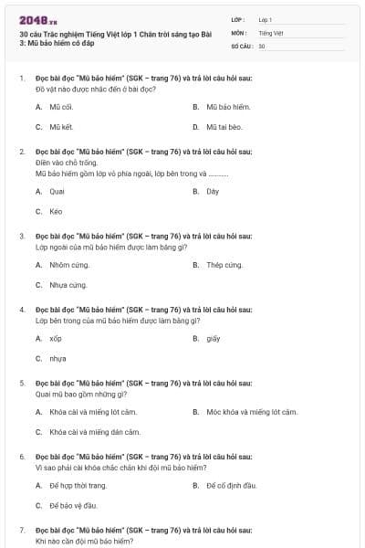 30 câu Trắc nghiệm Tiếng Việt lớp 1 Chân trời sáng tạo Bài 3: Mũ bảo hiểm có đáp