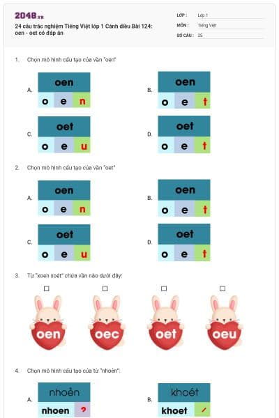 24 câu trắc nghiệm Tiếng Việt lớp 1 Cánh diều Bài 124: oen - oet có đáp án