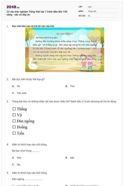 23 câu trắc nghiệm Tiếng Việt lớp 1 Cánh diều Bài 130: oăng - oăc có đáp án