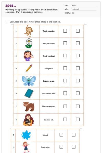 Đề cương ôn tập cuối kì 1 Tiếng Anh 1 iLearn Smart Start có đáp án - Part 1: Vocabulary exercises