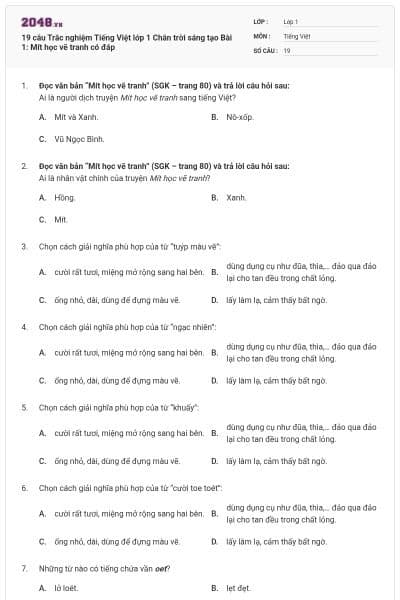 19 câu Trắc nghiệm Tiếng Việt lớp 1 Chân trời sáng tạo Bài 1: Mít học vẽ tranh có đáp