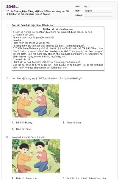 10 câu Trắc nghiệm Tiếng Việt lớp 1 Chân trời sáng tạo Bài 4: Đôi bạn và hai chú chim non có đáp án
