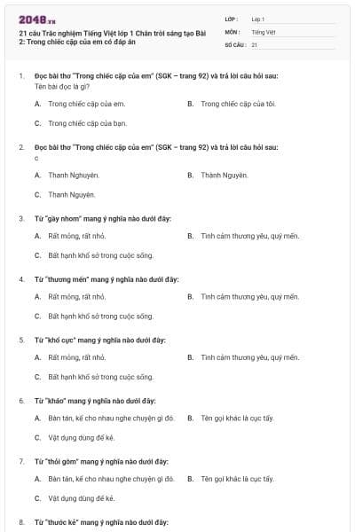 21 câu Trắc nghiệm Tiếng Việt lớp 1 Chân trời sáng tạo Bài 2: Trong chiếc cặp của em có đáp án