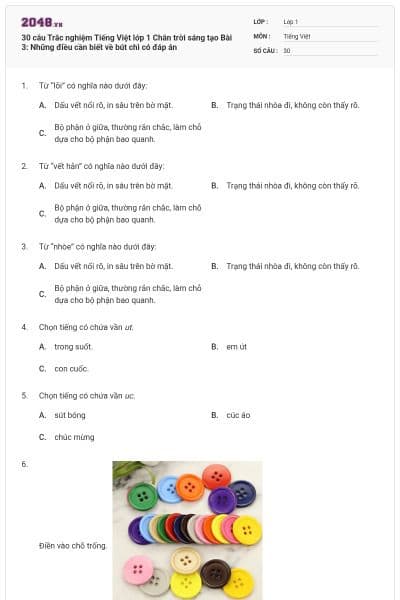 30 câu Trắc nghiệm Tiếng Việt lớp 1 Chân trời sáng tạo Bài 3: Những điều cần biết về bút chì  có đáp án