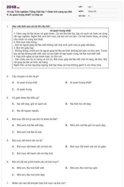 10 câu Trắc nghiệm Tiếng Việt lớp 1 Chân trời sáng tạo Bài 4: Ai quan trọng nhất? có đáp án