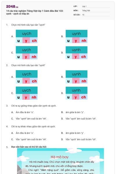 14 câu trắc nghiệm Tiếng Việt lớp 1 Cánh diều Bài 133: uynh - uych có đáp án