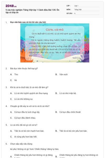 5 câu trắc nghiệm Tiếng Việt lớp 1 Cánh diều Bài 135: Ôn tập có đáp án