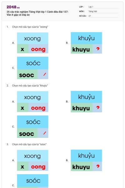 26 câu trắc nghiệm Tiếng Việt lớp 1 Cánh diều Bài 137: Vần ít gặp có đáp án