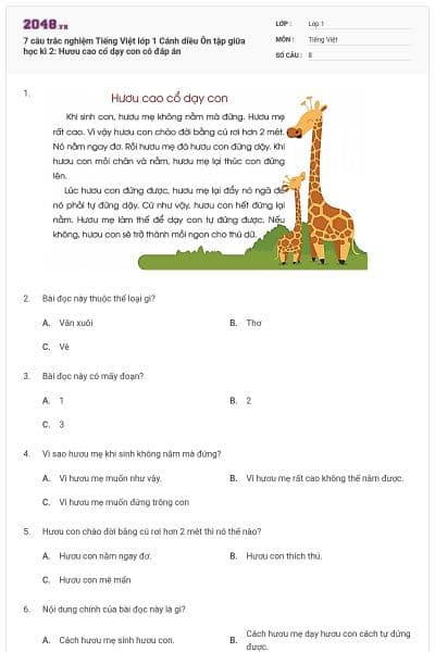 7 câu trắc nghiệm Tiếng Việt lớp 1 Cánh diều Ôn tập giữa học kì 2: Hươu cao cổ dạy con có đáp án