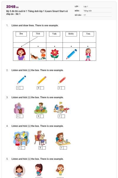 Bộ 5 đề thi cuối kì 1 Tiếng Anh lớp 1 iLearn Smart Start có đáp án - Đề 1
