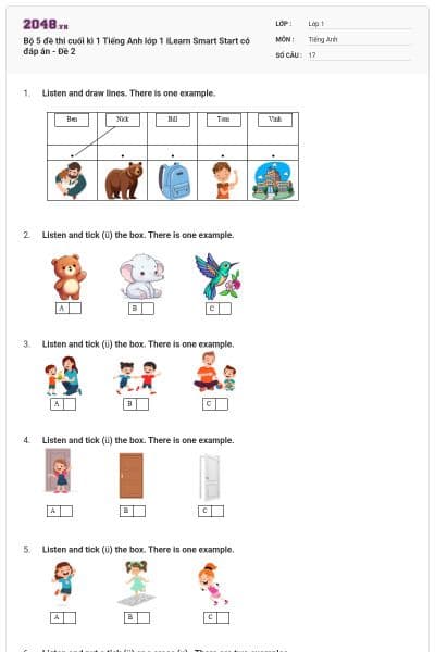 Bộ 5 đề thi cuối kì 1 Tiếng Anh lớp 1 iLearn Smart Start có đáp án - Đề 2