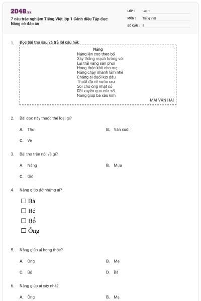 7 câu trắc nghiệm Tiếng Việt lớp 1 Cánh diều Tập đọc: Nắng có đáp án