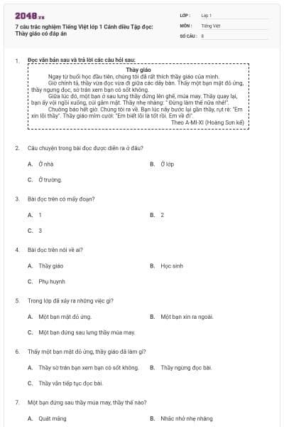 7 câu trắc nghiệm Tiếng Việt lớp 1 Cánh diều Tập đọc: Thầy giáo có đáp án