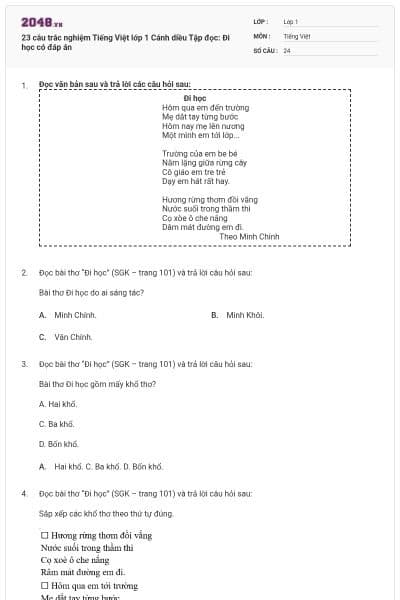 23 câu trắc nghiệm Tiếng Việt lớp 1 Cánh diều Tập đọc: Đi học có đáp án