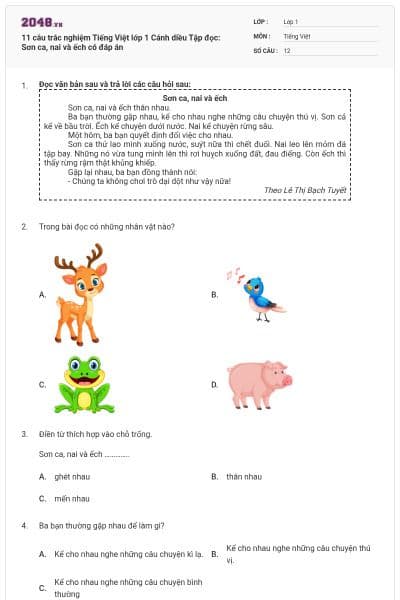 11 câu trắc nghiệm Tiếng Việt lớp 1 Cánh diều Tập đọc: Sơn ca, nai và ếch có đáp án