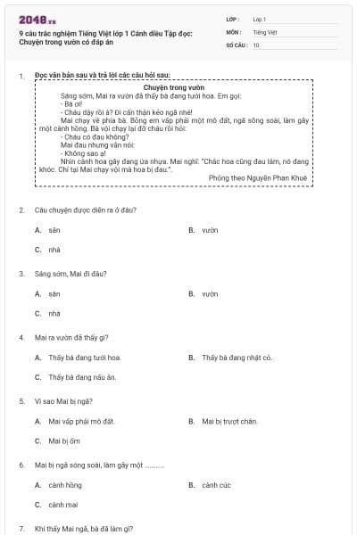 9 câu trắc nghiệm Tiếng Việt lớp 1 Cánh diều Tập đọc: Chuyện trong vườn có đáp án