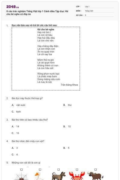 8 câu trắc nghiệm Tiếng Việt lớp 1 Cánh diều Tập đọc: Kể cho bé nghe có đáp án