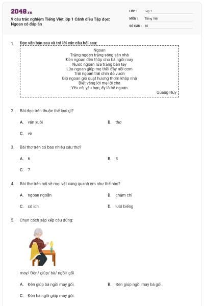 9 câu trắc nghiệm Tiếng Việt lớp 1 Cánh diều Tập đọc: Ngoan có đáp án