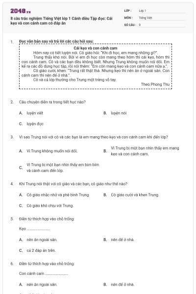 8 câu trắc nghiệm Tiếng Việt lớp 1 Cánh diều Tập đọc: Cái kẹo và con cánh cam có đáp án