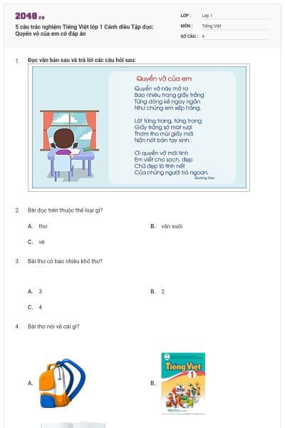 5 câu trắc nghiệm Tiếng Việt lớp 1 Cánh diều Tập đọc: Quyển vở của em có đáp án