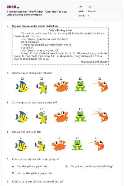 7 câu trắc nghiệm Tiếng Việt lớp 1 Cánh diều Tập đọc: Cuộc thi không thành có đáp án