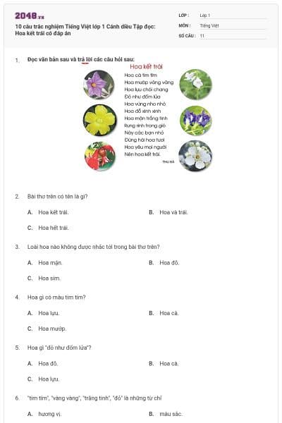 10 câu trắc nghiệm Tiếng Việt lớp 1 Cánh diều Tập đọc: Hoa kết trái có đáp án