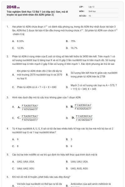 Trắc nghiệm Sinh Học 12 Bài 1 (có đáp án): Gen, mã di truyền và quá trình nhân đôi ADN (phần 2)