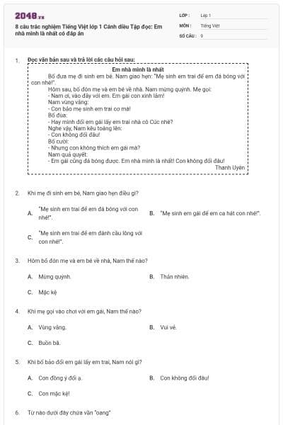 8 câu trắc nghiệm Tiếng Việt lớp 1 Cánh diều Tập đọc: Em nhà mình là nhất có đáp án