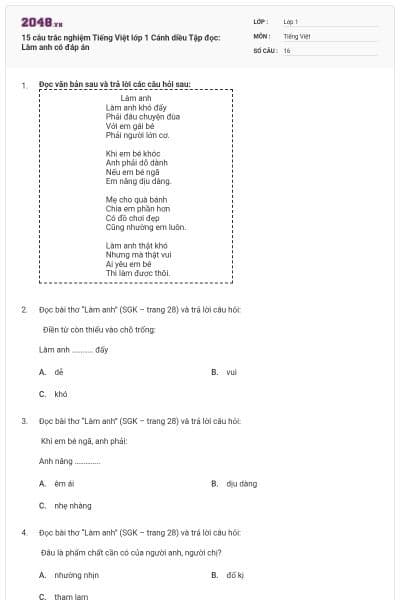15 câu trắc nghiệm Tiếng Việt lớp 1 Cánh diều Tập đọc: Làm anh có đáp án