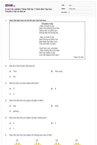 8 câu trắc nghiệm Tiếng Việt lớp 1 Cánh diều Tập đọc: Chuyện ở lớp có đáp án