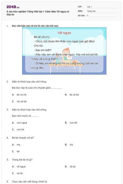 8 câu trắc nghiệm Tiếng Việt lớp 1 Cánh diều Vẽ ngựa có đáp án